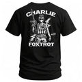 Charlie Foxtrot tactical tee — back print, black 50/50 cotton-poly