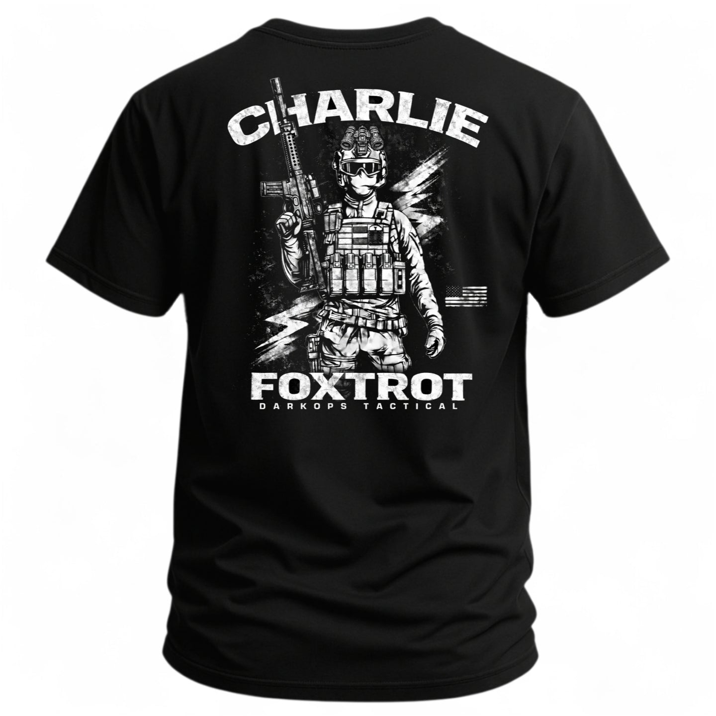 Charlie Foxtrot tactical tee — back print, black 50/50 cotton-poly