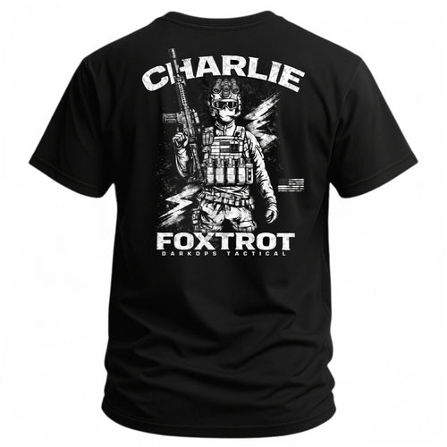 Charlie Foxtrot tactical tee — back print, black 50/50 cotton-poly