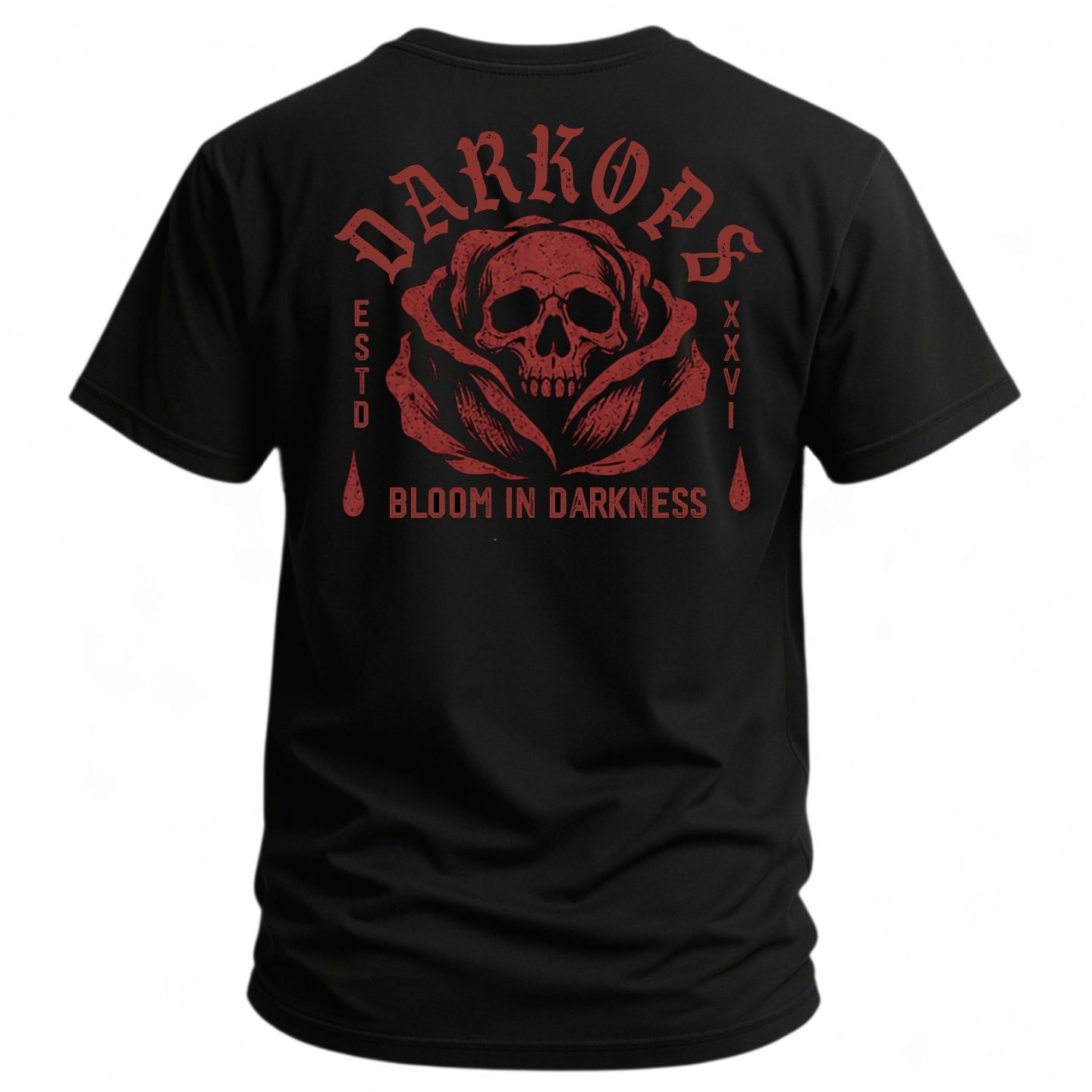 Bloom In Darkness tactical tee — back graphic, black 50/50 cotton-poly