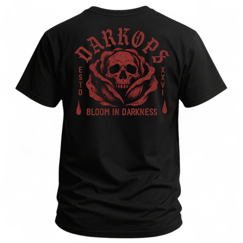 Bloom In Darkness tactical tee — back graphic, black 50/50 cotton-poly