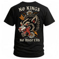 No Kings No Masters tactical tee — back print, black 50/50 cotton-poly