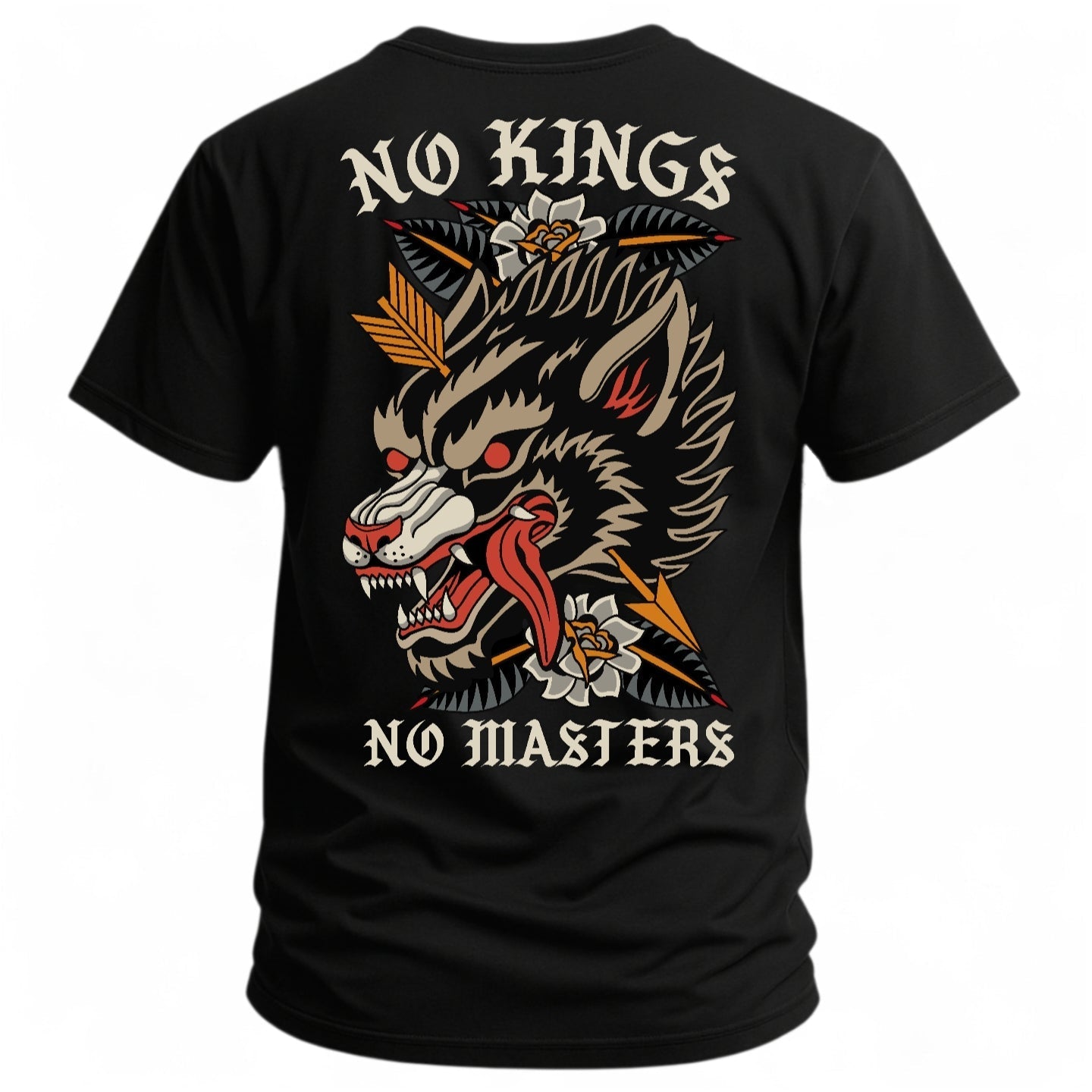 No Kings No Masters tactical tee — back print, black 50/50 cotton-poly