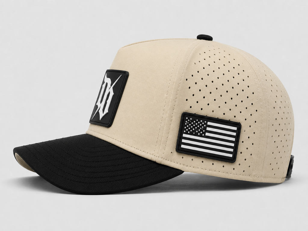 Desert tan tactical operator cap — side view with embroidered patch