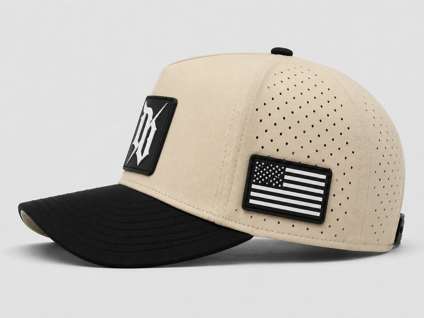 Desert tan tactical operator cap — side view with embroidered patch
